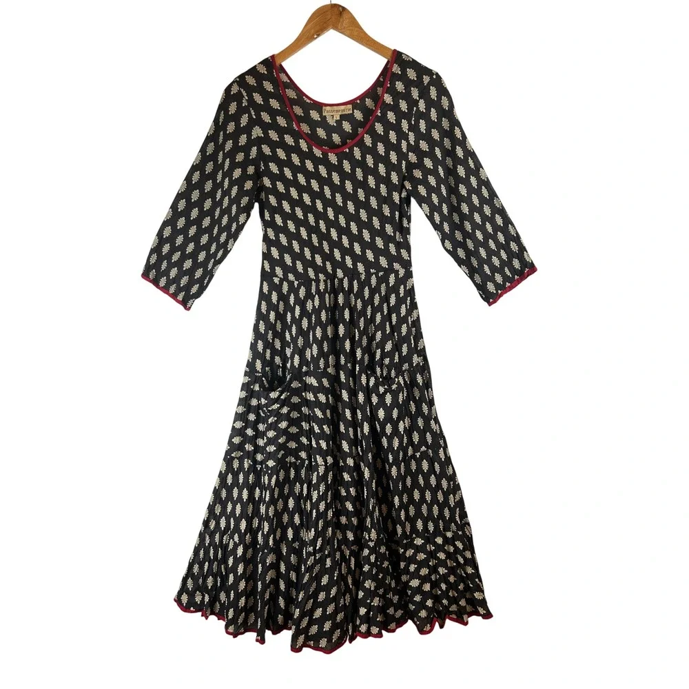 Passementrie Womens Black Sante Fe Tiered Midi Dress 3/4 Sleeve Small Boho - Picture 1 of 9